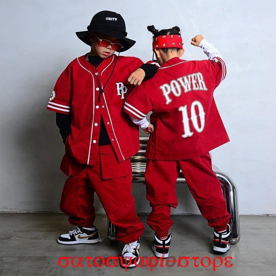 キッズ ダンス ベースボール シャツ 衣装 レッド 赤 練習着 ストリート