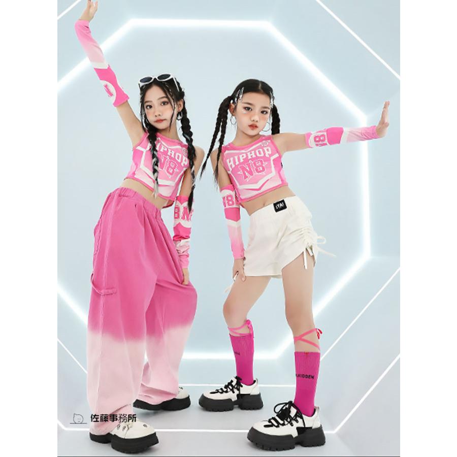 ピンク トップス ウェストパンツ 白 短パンツ キッズ ダンス衣装 韓国