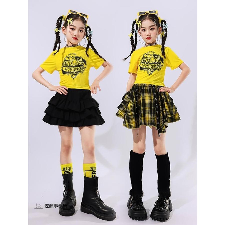 黄 黒 チェック柄 へそ出し 柄シャツ キッズ ダンス衣装 セットアップ