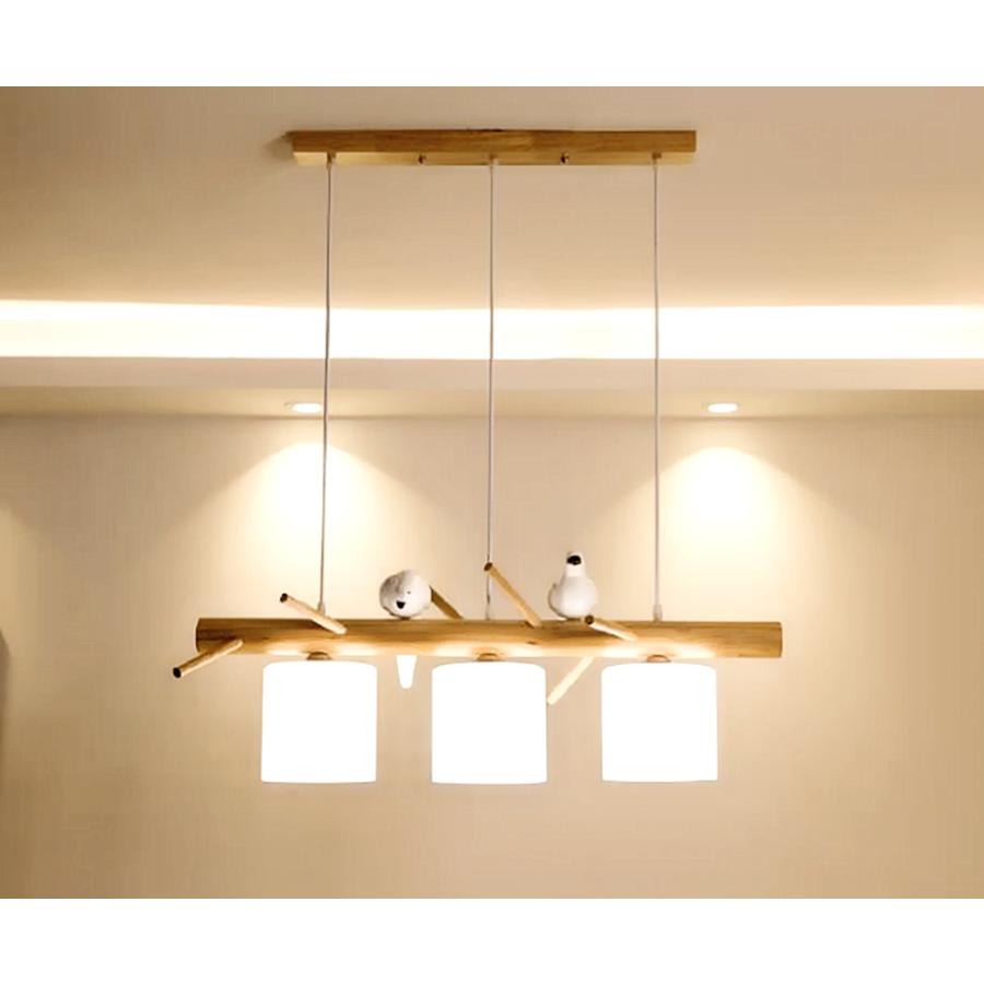 照明器具 鳥ペンダントライト 北欧 3灯 ガラス 木製 鳥ランプ