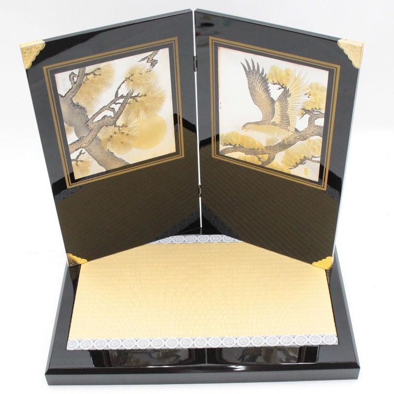 アウトレット品 五月人形平飾台 屏風・台セット 20号 黒塗 彫金松鷹