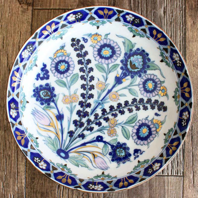 大皿 トルコ IZNIK 飾り皿 青い花柄 高級食器 イズニック陶芸 金彩 上