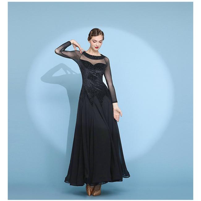 社交ダンス ワンピース モダンドレス 黒 大きいサイズ 長袖 社交ダンス