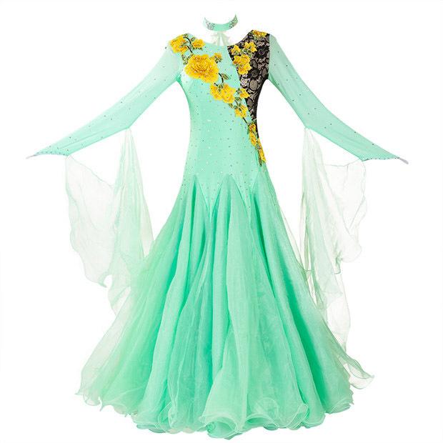 社交ダンスドレス ダンス衣装 社交ダンス ドレス 長袖 袖あり 衣装 緑