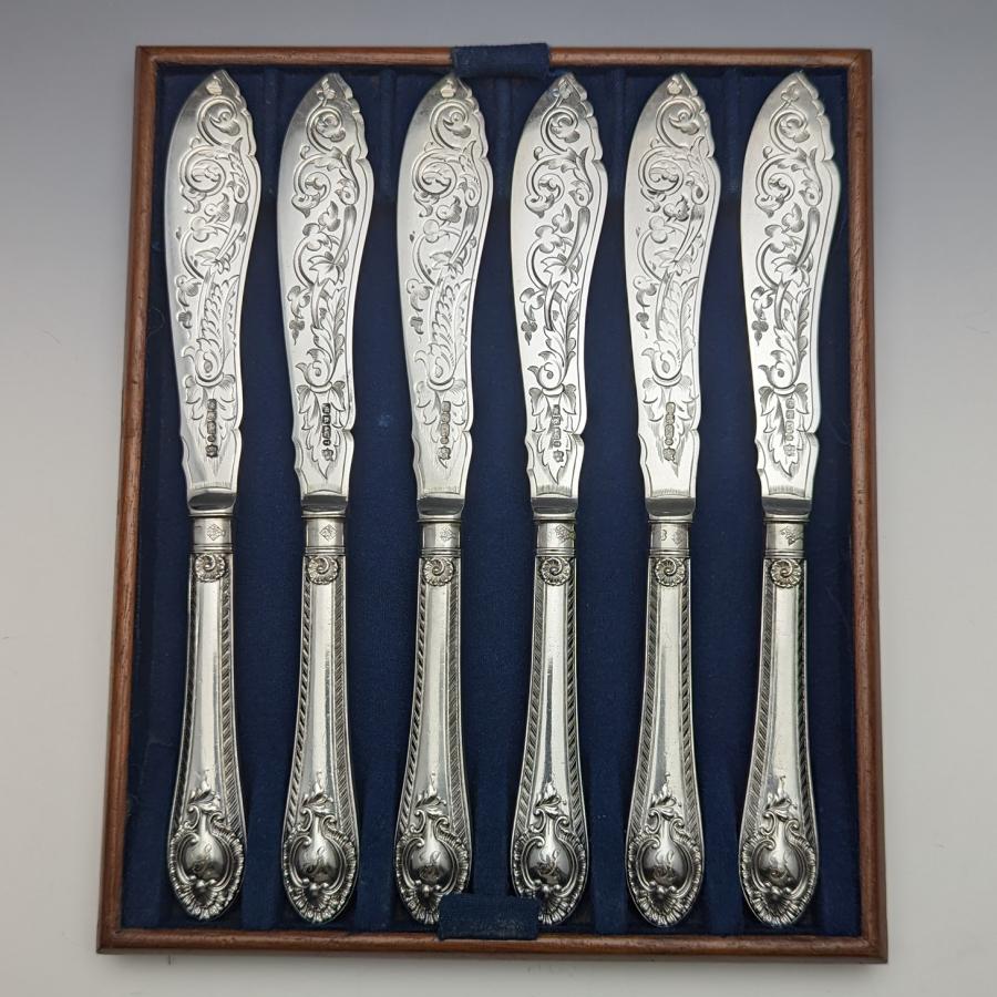 1860年 英国アンティーク シルバープレート製 フィッシュナイフ6本