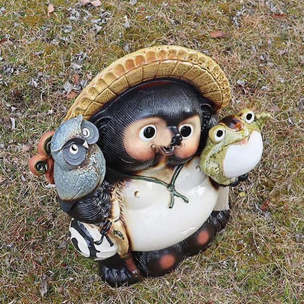 信楽焼 20号福招き蛙ふくろう持ち狸 たぬき タヌキ 開運 縁起物 可愛い