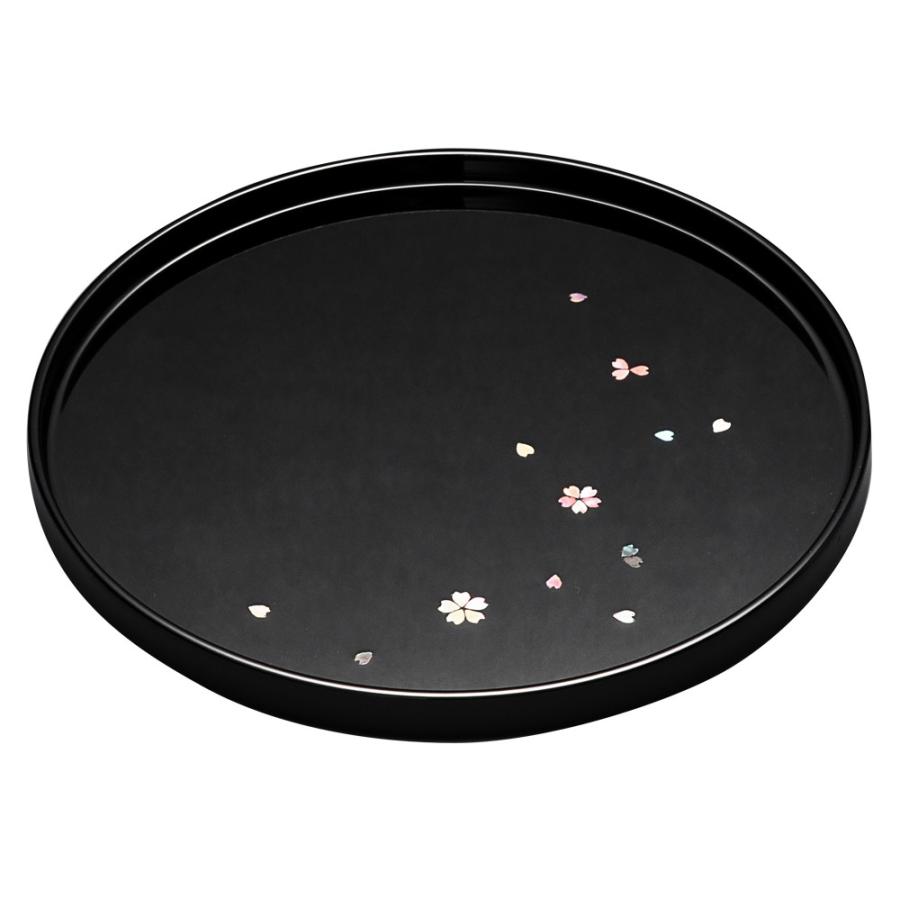 お盆 24cm 木製 トレー あわび貝 螺鈿装飾 丸盆 高岡漆器 黒柄 さくら