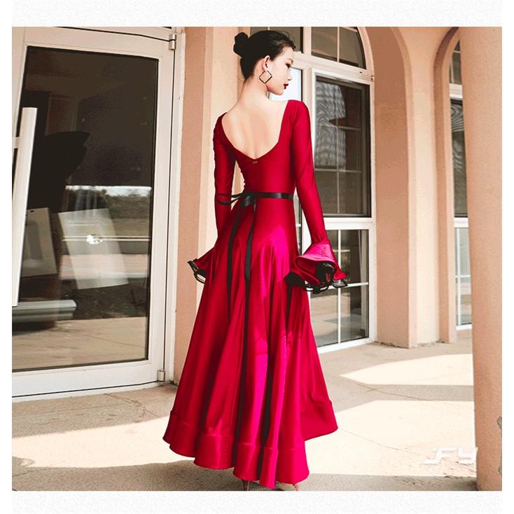 社交ダンスドレス モダンドレス 黒 赤 社交ダンス衣装 社交ダンス 長袖