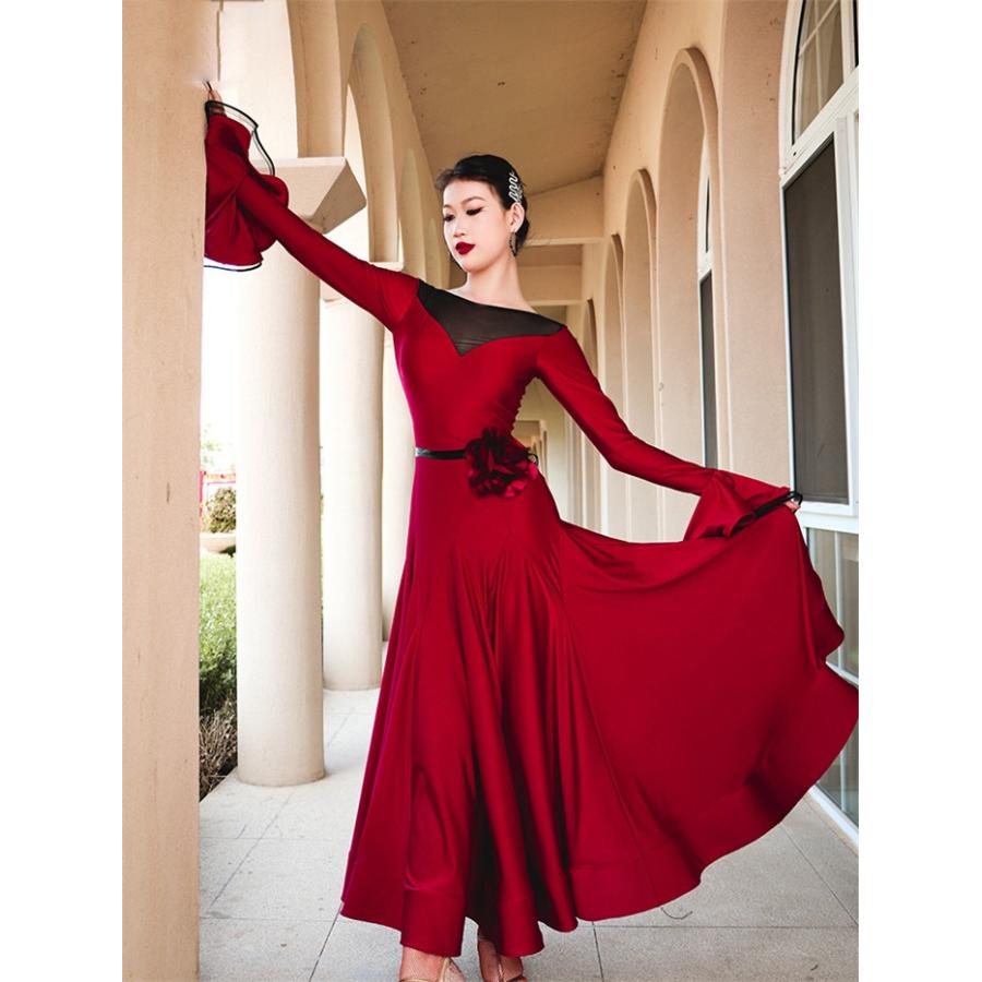 社交ダンスドレス モダンドレス 黒 赤 社交ダンス衣装 社交ダンス 長袖
