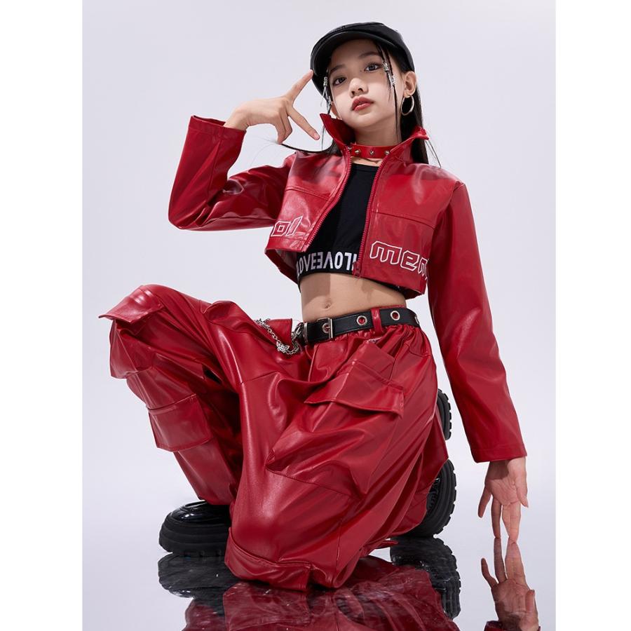 ダンス衣装 ガールズ 衣装 赤 黒 レザー K-POP 韓国 セットアップ へそ