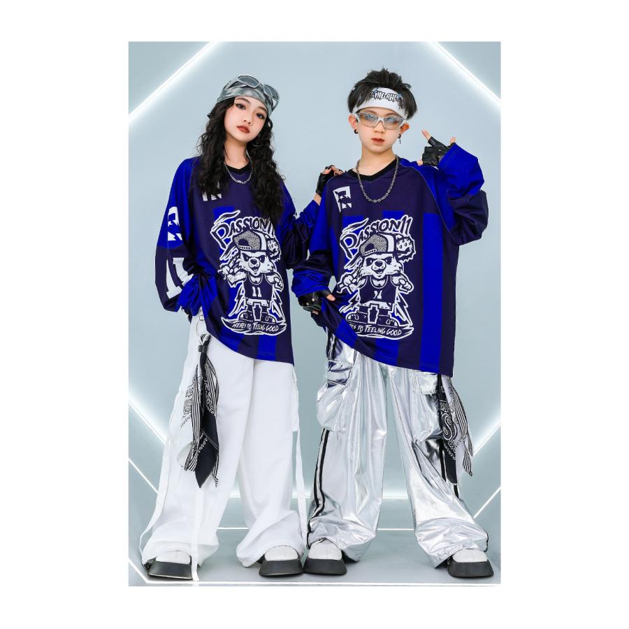 ヒップホップ 衣装 セットアップ 派手 青 白 銀 メタリック ダンス衣装