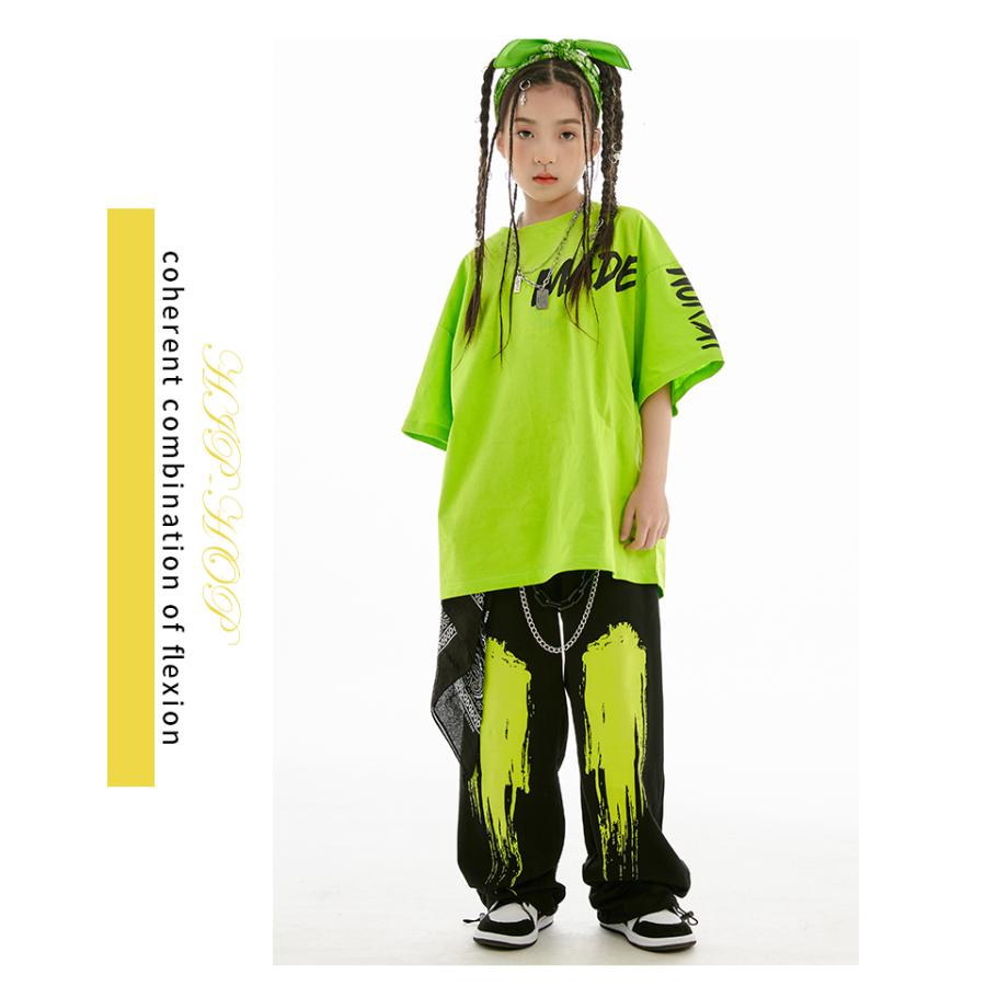 キッズ ダンス 衣装 オレンジ 黄緑 黒 ヒップホップ ダンス衣装