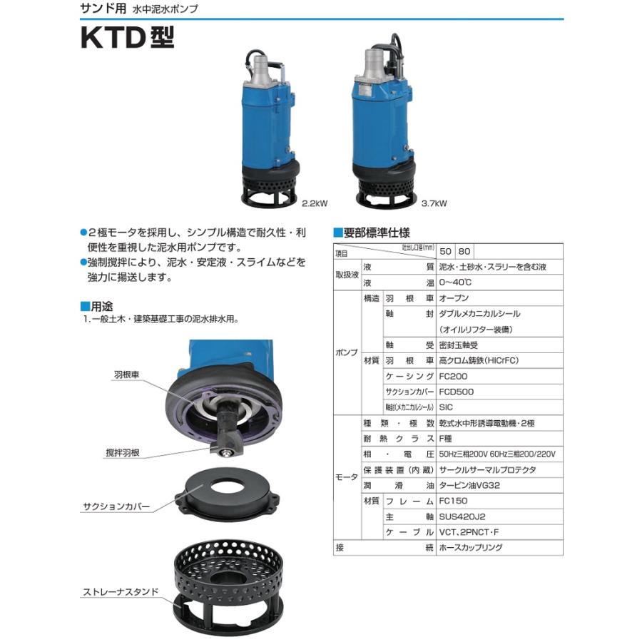 ツルミポンプ 水中ポンプ 業務用 汚泥用 排水ポンプ KTD22.2 2.2kW