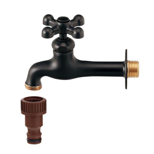 単水栓 庭用蛇口 ガーデン用胴長横水栓 マットブラック 黒色