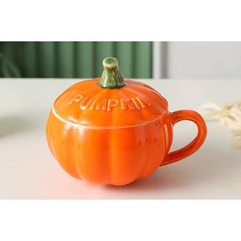 カラフルな天然発色鉱石製マグカップ かぼちゃ 蓋付き ふた付き 陶器製