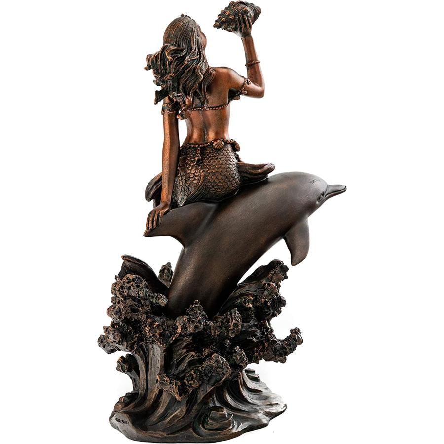 ホラ貝を持ってイルカに乗る人魚マーメイド彫像-装飾彫刻 ブロンズ風