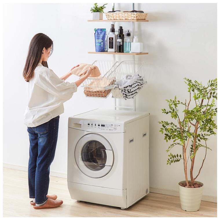 突っ張り式 棚2枚 バスケット2個 洗濯機ラック つっぱり 洗濯機 ラック