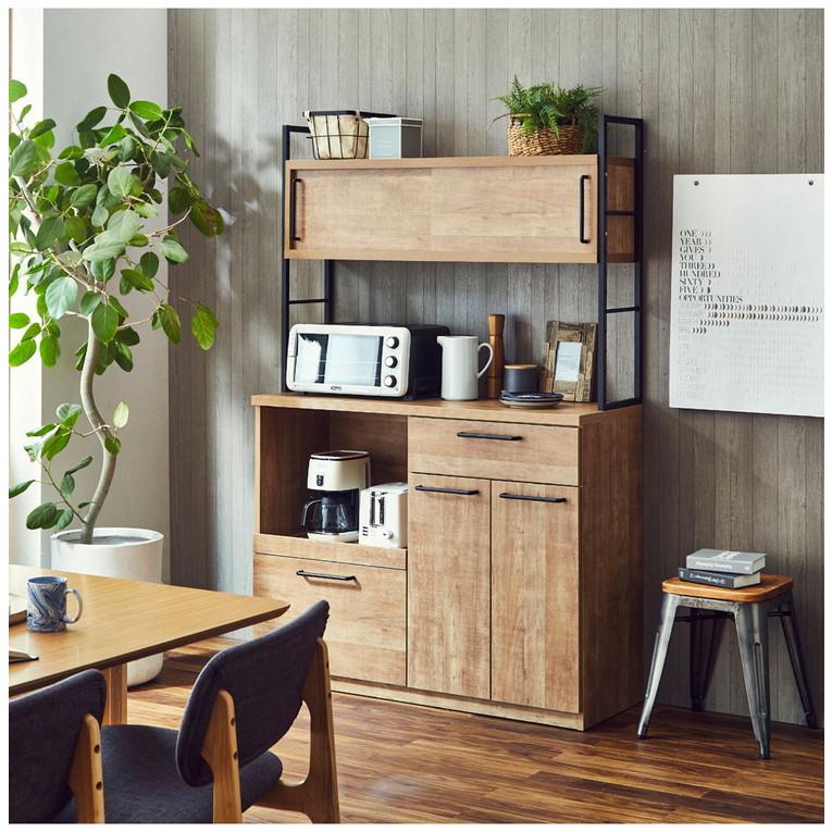 日本製 食器棚 レンジ台 幅120 国産 大川家具 キッチンボード スライド