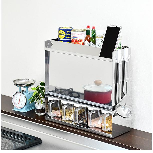 日本製 燕三条 フラップ扉のステンレススパイスラック ポット5 調味料