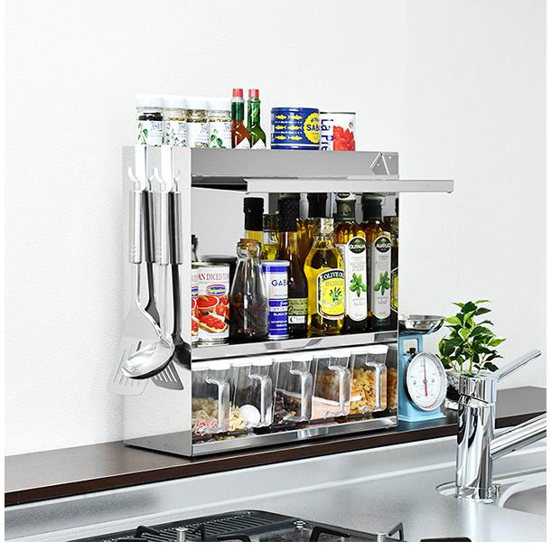 日本製 燕三条 フラップ扉のステンレススパイスラック ポット5 調味料