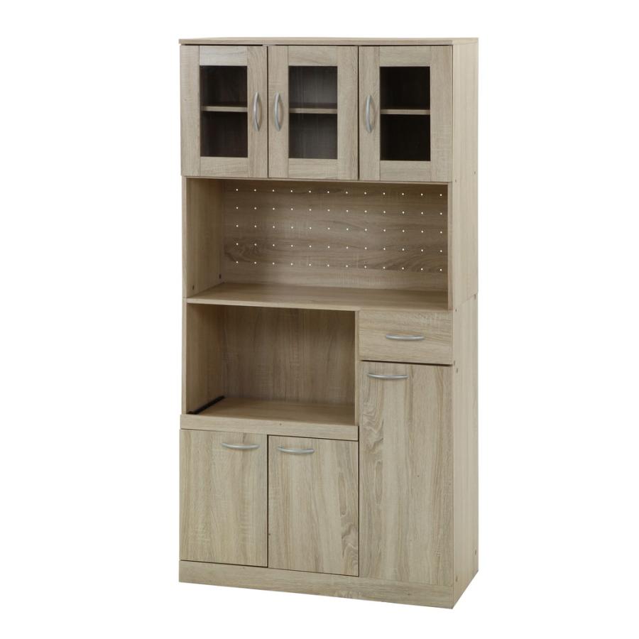 キッチンボード 幅88.5cm 食器棚 ホワイトオーク 木目調 ガラス扉 大