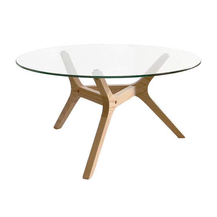 ガラステーブル 円形 幅80cm ローテーブル 天然木 木脚 センター