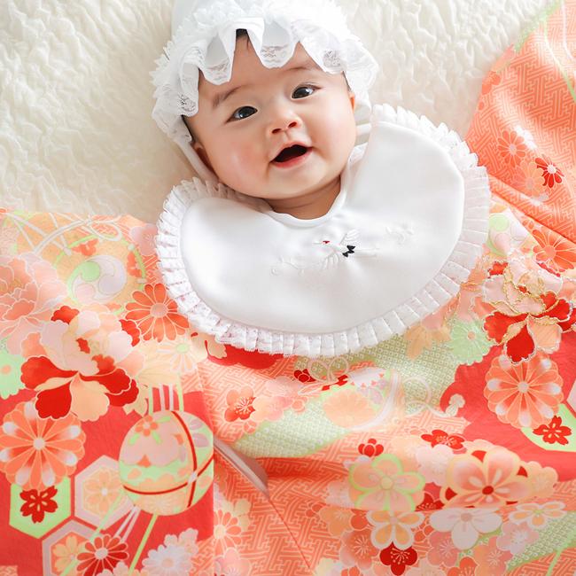 お宮参り レトロ オレンジ 産着 七五三 レンタル 女の子 初着 掛け着