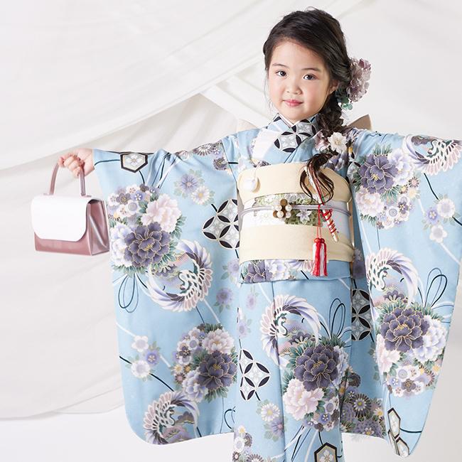 七五三 レンタル 5歳 着物 女の子 モダン レトロ ラフィネココ ブルー