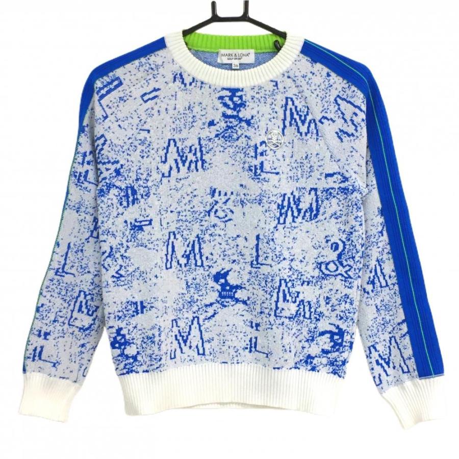 超美品】マークアンドロナ セーター 白×ブルー 総柄 スカル ニット