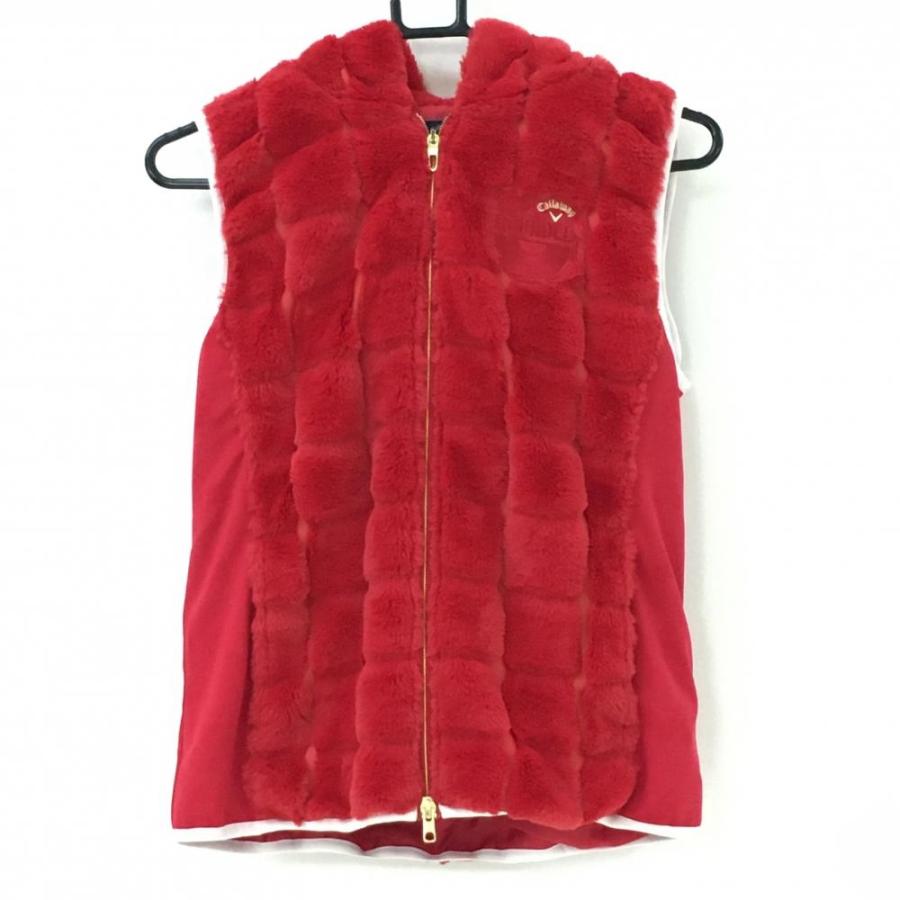 キャロウェイ フード付きファーベスト レッド×白 ロゴ刺しゅう サイド