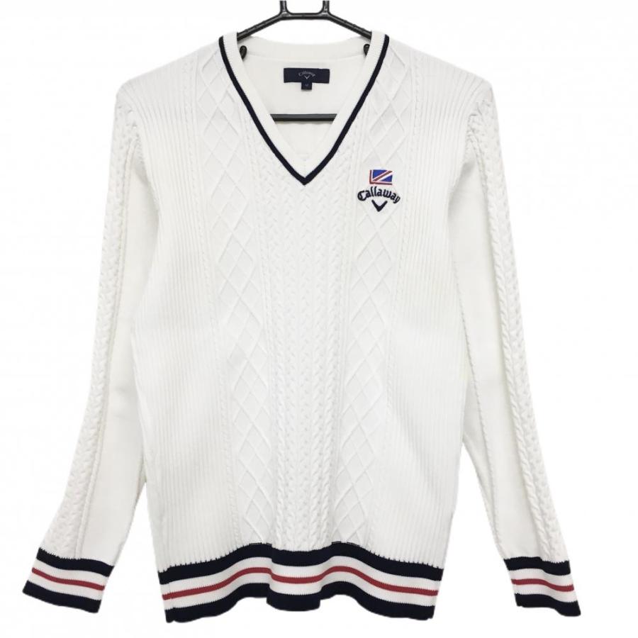 キャロウェイ セーター 白×ネイビー 一部ケーブル編み ニット Vネック