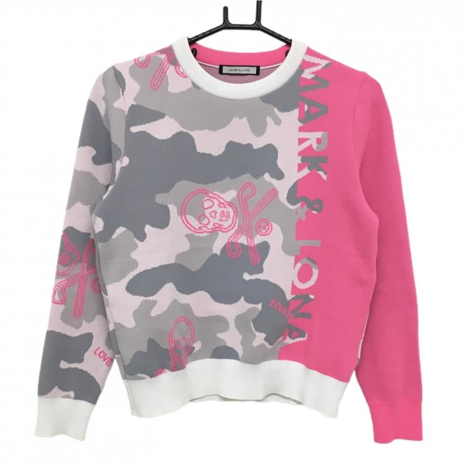 マークアンドロナ セーター ピンク×グレー 一部カモフラ スカル 迷彩
