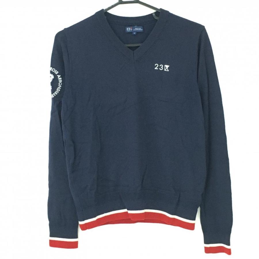 23区ゴルフ セーター ネイビー ロゴ刺しゅう ウール混 ニット 肩付近糸