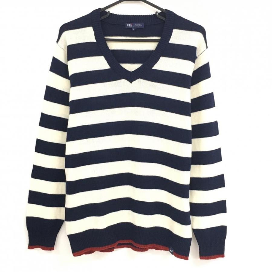 23区GOLF 【超美品】23区ゴルフ セーター 白系×ネイビー ボーダー V