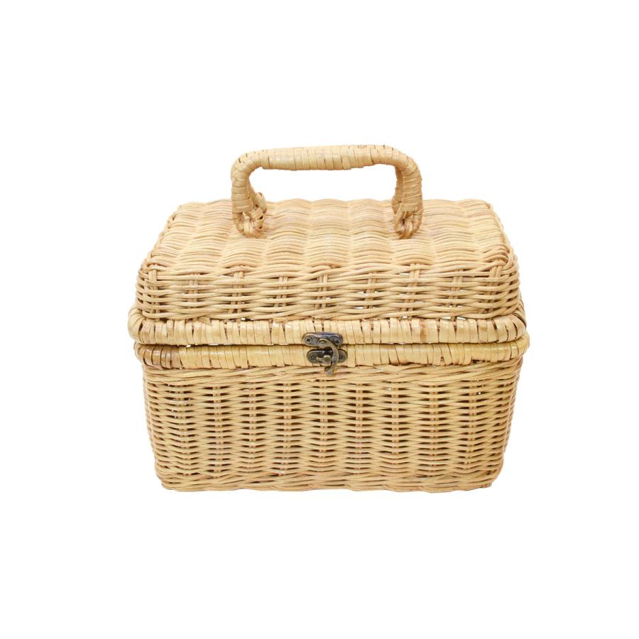 ラタン製 ツールバスケット 蓋付き ピクニック 四角 籐籠 : ラタン