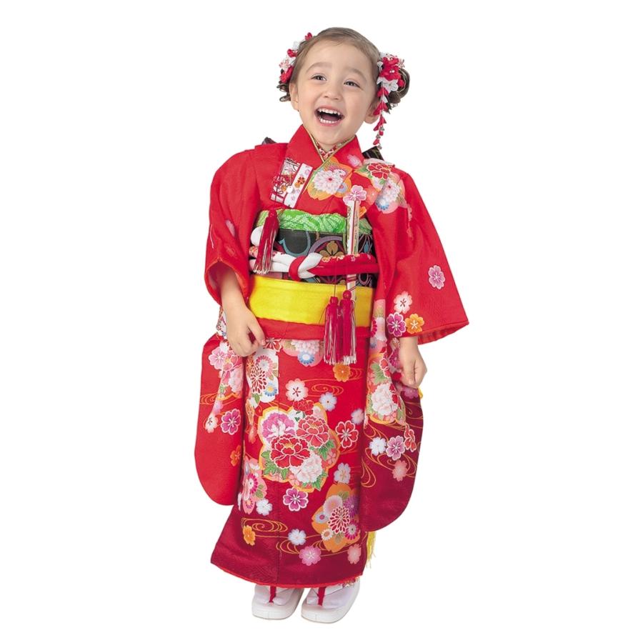 R・K 3歳きもの(三つ身)セット 桜 牡丹 菊 赤 対応身長95cm 七五三 3歳