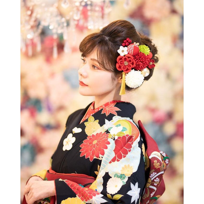 髪飾り 成人式 結婚式 和装 Arenca つまみ細工 美和花 赤 黒 白 12点