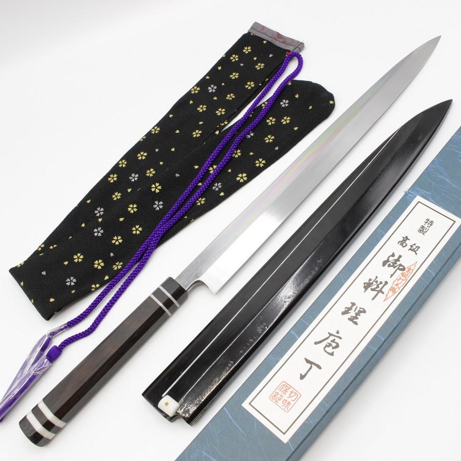 未使用】源泰邦 本焼 青一鋼 てっさ包丁 尺一 鏡面 八角 黒檀柄 大理石