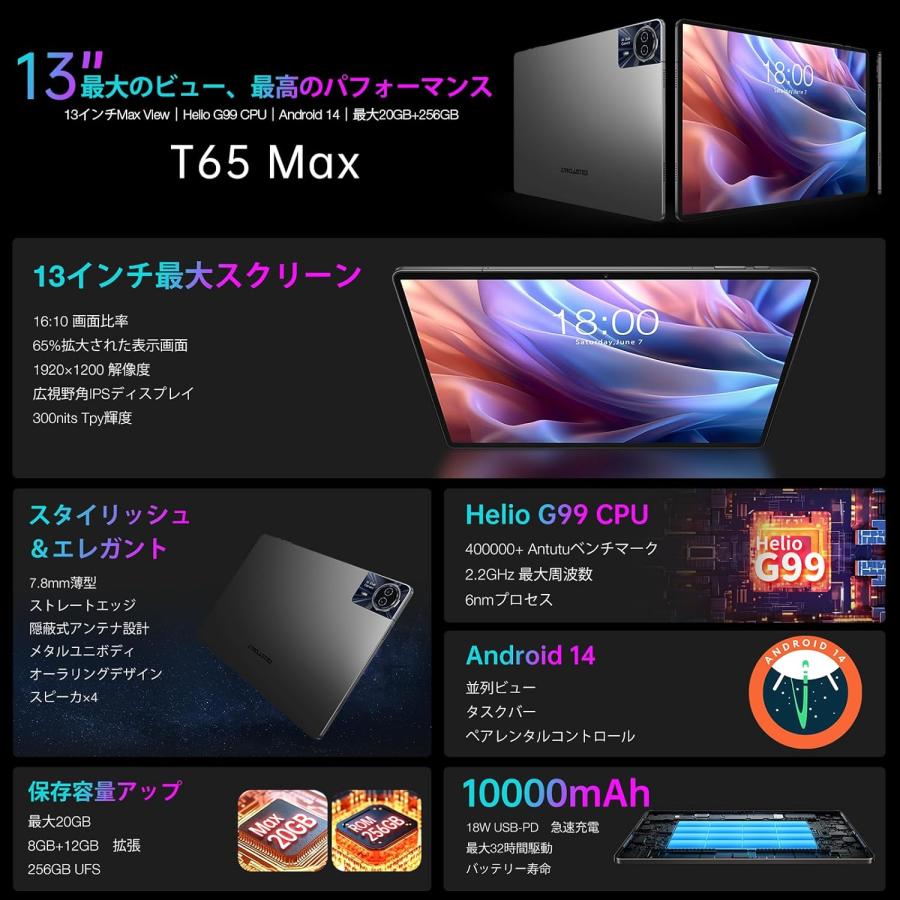 TECLAST 2024初登場 TECLAST T65 Max Helio G99 Android14 タブレット