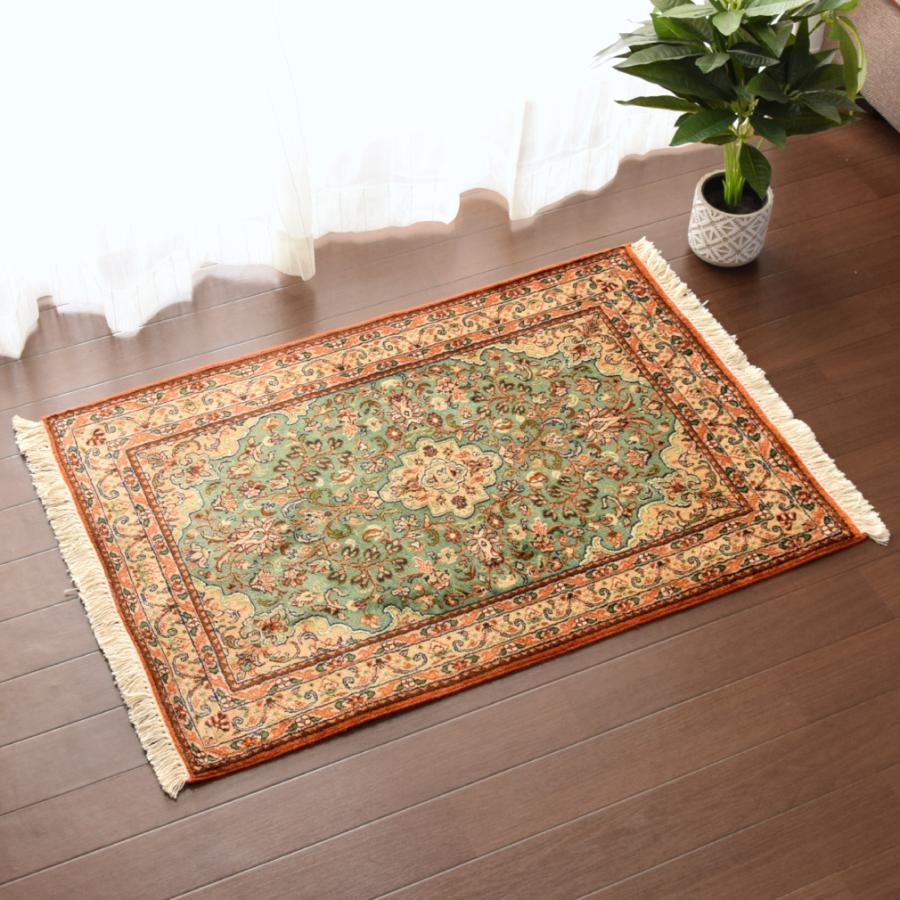 シルク段通 玄関マット おしゃれ 約66×96cm グリーン シルク 絹