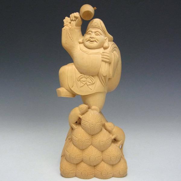 木彫り 大黒天 高さ24cm 置物 ねずみ付き 七福神 縁起物 : 仏像と