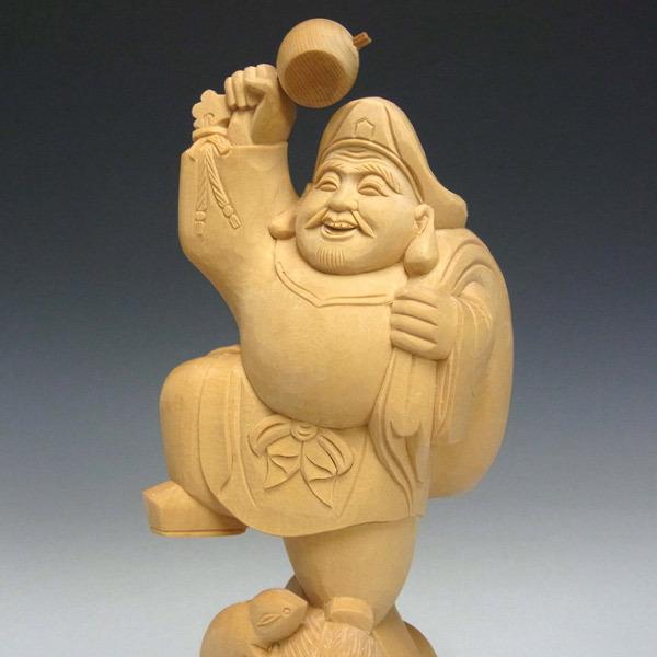 木彫り 大黒天 高さ24cm 置物 ねずみ付き 七福神 縁起物 : 仏像と