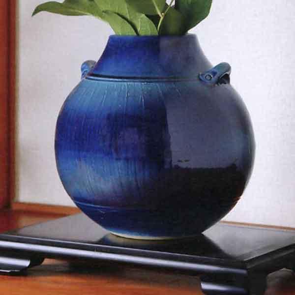 ブルーガラス耳付花瓶 信楽焼 花器 花瓶 ブルー 青 6.5号 おしゃれ 和