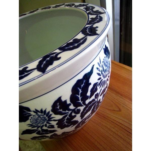 浮彫魚缶 洋蓮 青 (大) 14号鉢 火鉢 めだか アンティーク 水鉢 陶器