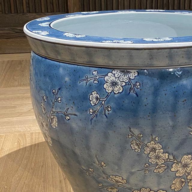 青花丸大魚缶 白梅（大）14号鉢 水鉢 火鉢 睡蓮鉢 メダカ鉢 プランター