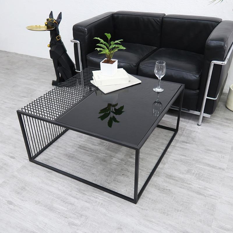 センターテーブル 2台セット ガラステーブル ブラックガラス ロー