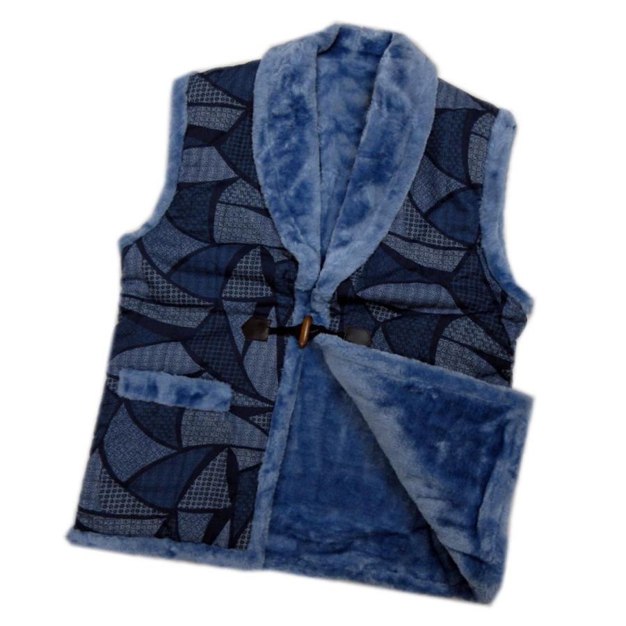 ぽんちょ ポンチョ ベスト 背中＆衿ボア付 メンズ 男性用 和柄 濃紺地