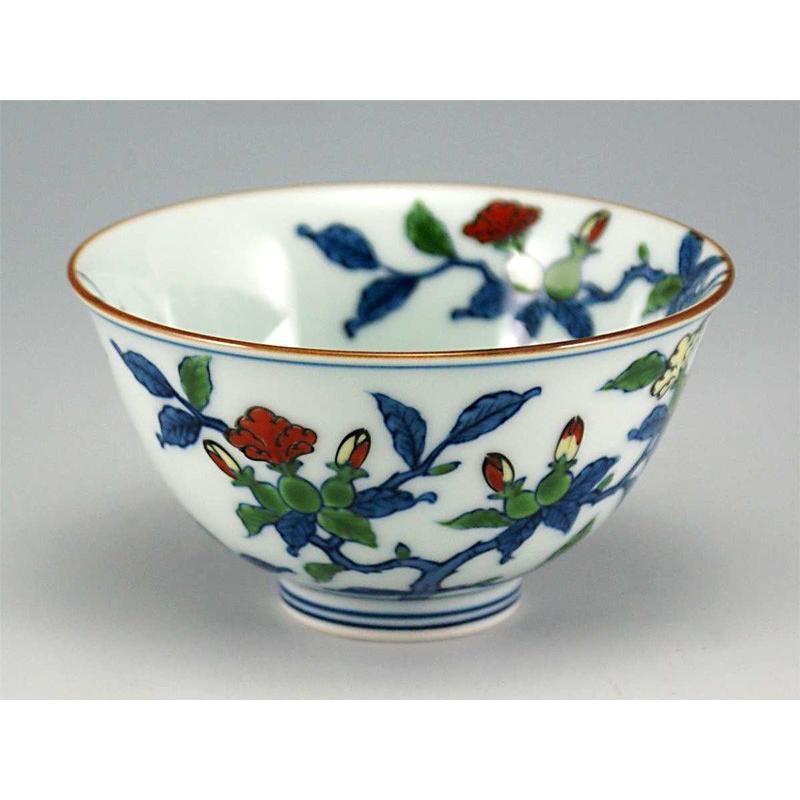 源右衛門、染め錦、更紗花門、茶碗二客 源右衛門窯作 染錦更紗手花蝶文