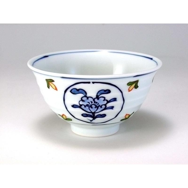 源右衛門窯 染錦牡丹丸紋（中・青） 飯碗 有田焼 ご飯茶碗 : 陶器たて