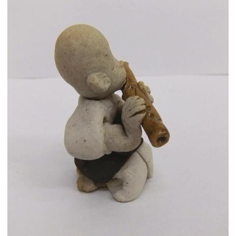 手作りの陶人形 一休さん 横竹笛 縁起 癒し 美濃焼人形 細川智晴作